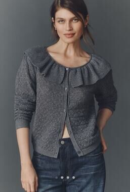 NWT Maeve Pointelle Wool-Blend Cardigan Size Small Grey Holiday Button
